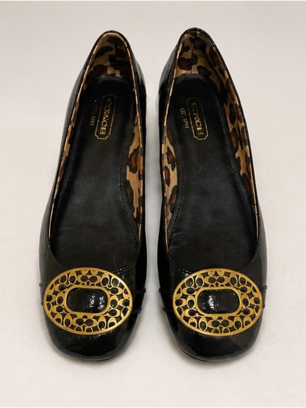 Coach Black Patent Leather Ballet Flats Gold Medallion Accent Leopard Lining